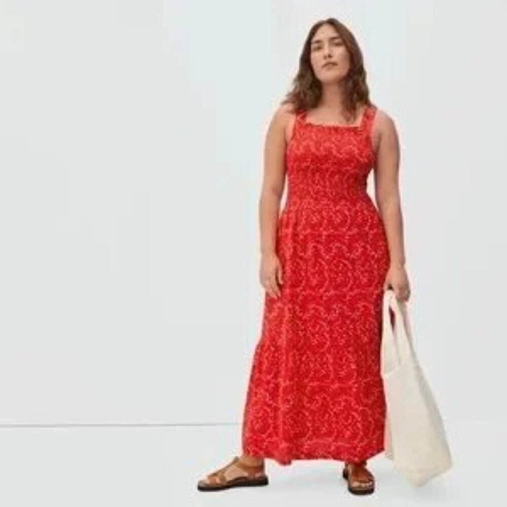 Everlane Red‎ White Floral The Smock Maxi Dress